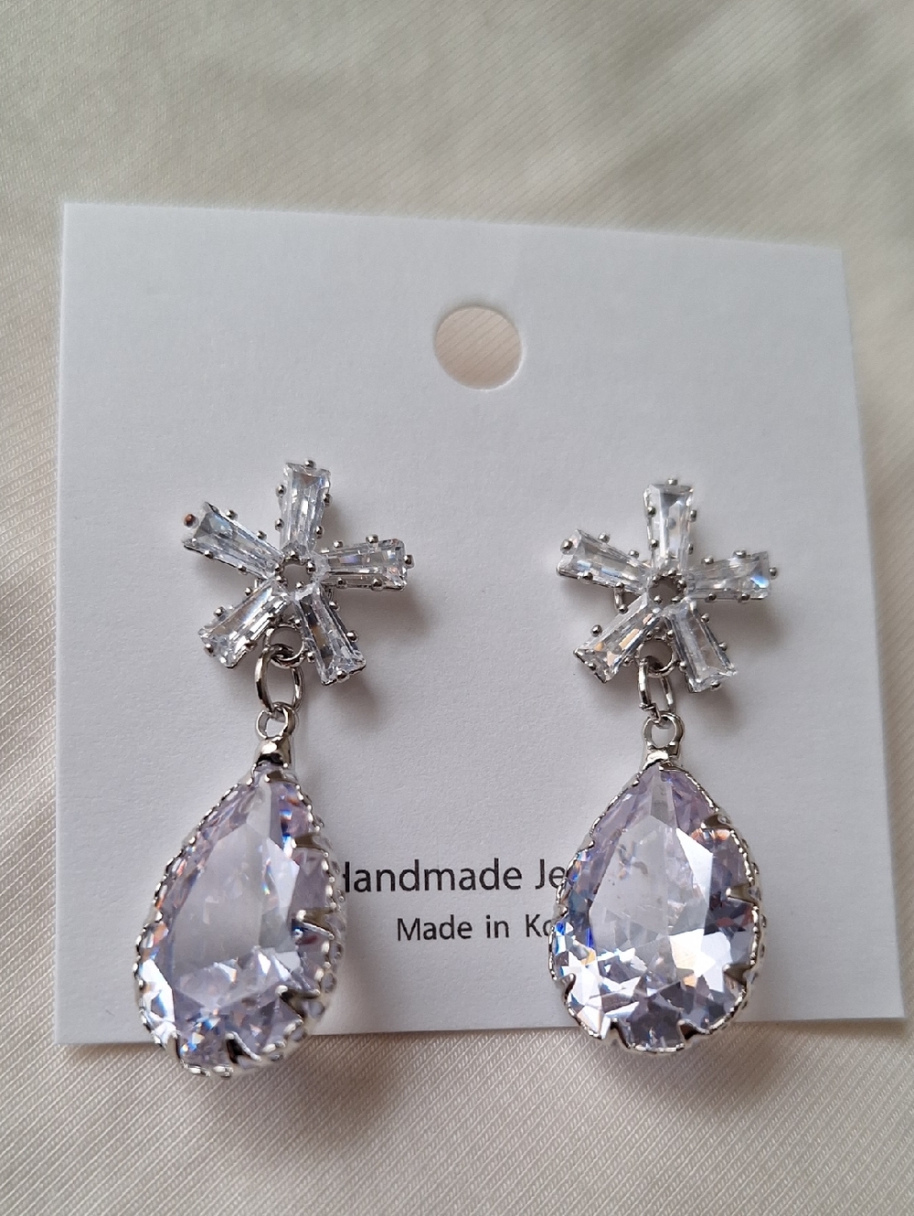 Handmade Clear Crystal Drop Earrings - Silver Tone